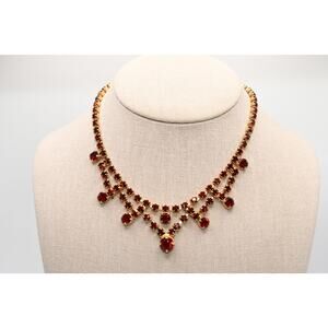 Vintage Red Rhinestone Choker Necklace Gold Tone 14.5" Dangle Fringe